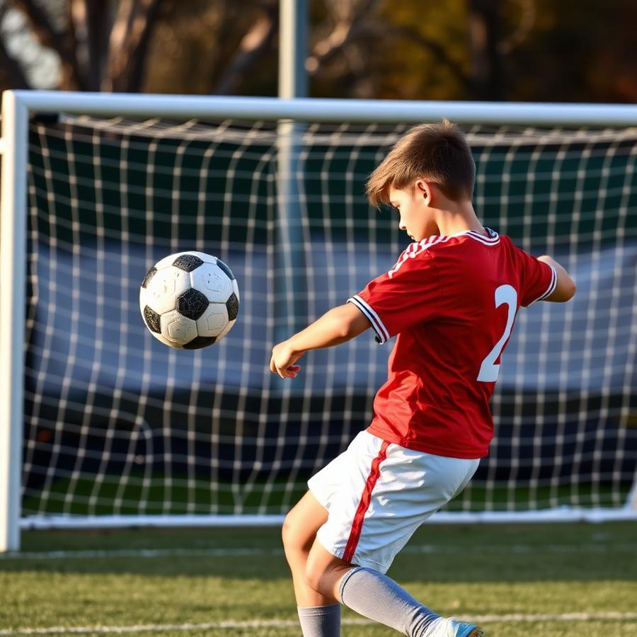 Young player striking a shot at goal