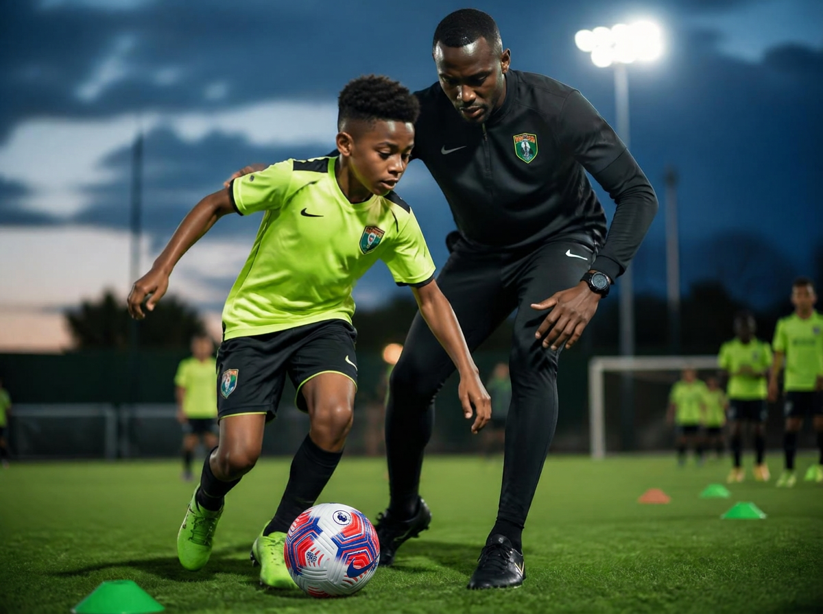 Johnson Essien coaching a young footballer under floodlights